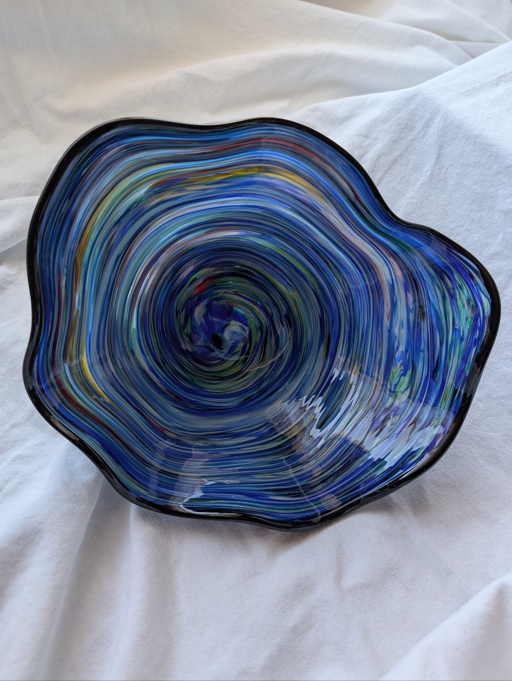 Art Glass Handblown Blue Multicolor Swirl Ruffle Bowl Signed